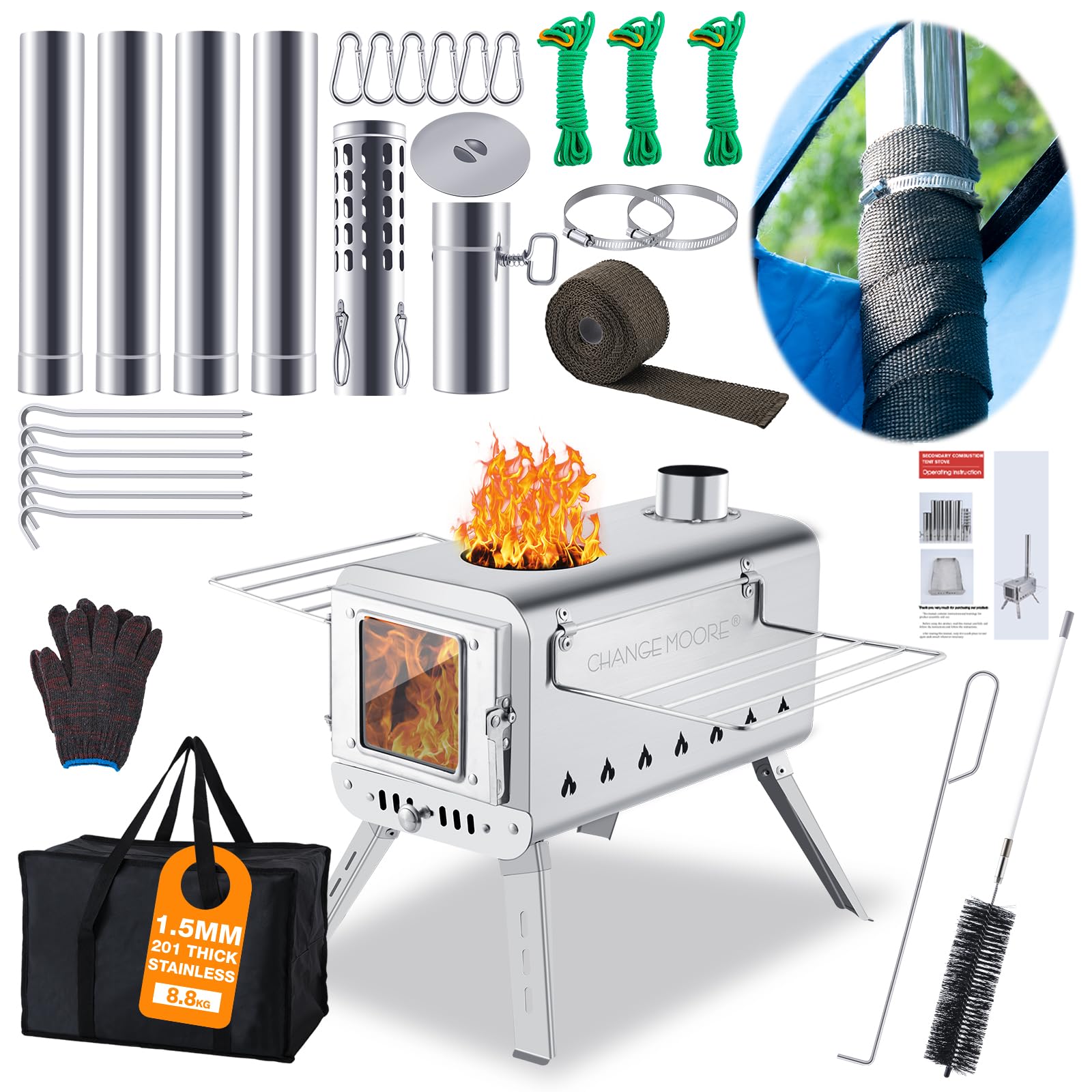CHANGE MOORE 薪ストーブ 二次燃焼 耐熱ガラス窓 煙突 コンパクト キャンプストーブ テーブル暖炉 ウッドストーブ テント用 焚き火台コンロ BBQ 調理 暖炉 冬 収納袋付き