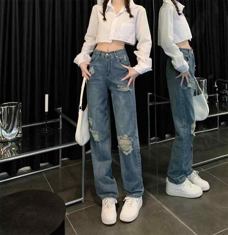 デニムパンツ レディース ダメージ ジーンズ クラッシュ ボトムス ストレート 春秋 ハイウエスト ワイド スリム ブルー