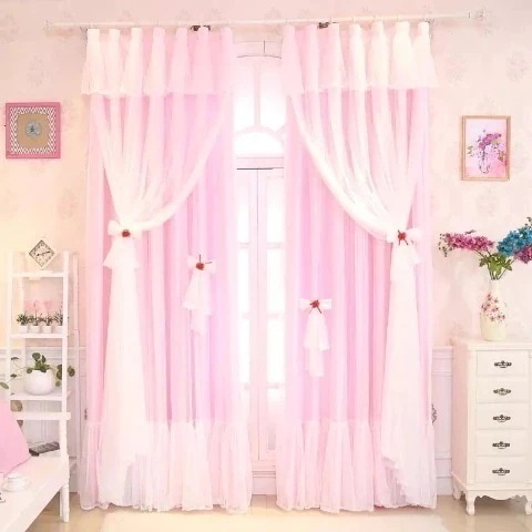 韓国のファンタジープリンセスウィンドレースカーテン仕上げ暖かい寝室牧歌的なピンクの子供の床から天井までの窓ベイウィンドウショートカーテン2858