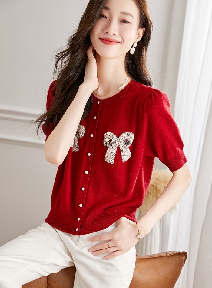 秋 半袖 ピュア ウール ニット カーディガン レディース 春 秋 ショール レッド ショート ビーズ 薄手 セーター ジャケット レッド ネイビー ホワイト フリーサイズ トップス 袖あり かわいい