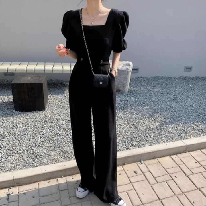 オールインワン ロング ロング丈 袖あり 半袖 スクエアネック 大人可愛い きれいめ シンプル カジュアル 大人 上品 おしゃれ お洒落 大人女子 ラブリー キュート ガーリー 無地 春 夏 2023