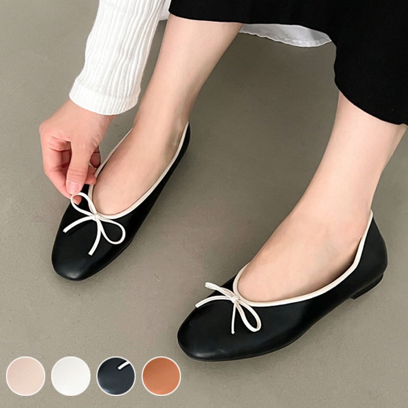 4color シンプル, ベーシックな雰囲気の 配色．バイカラー リボン付き 丸いスクエアトゥ デイリー フラットシューズ．バレエシューズ