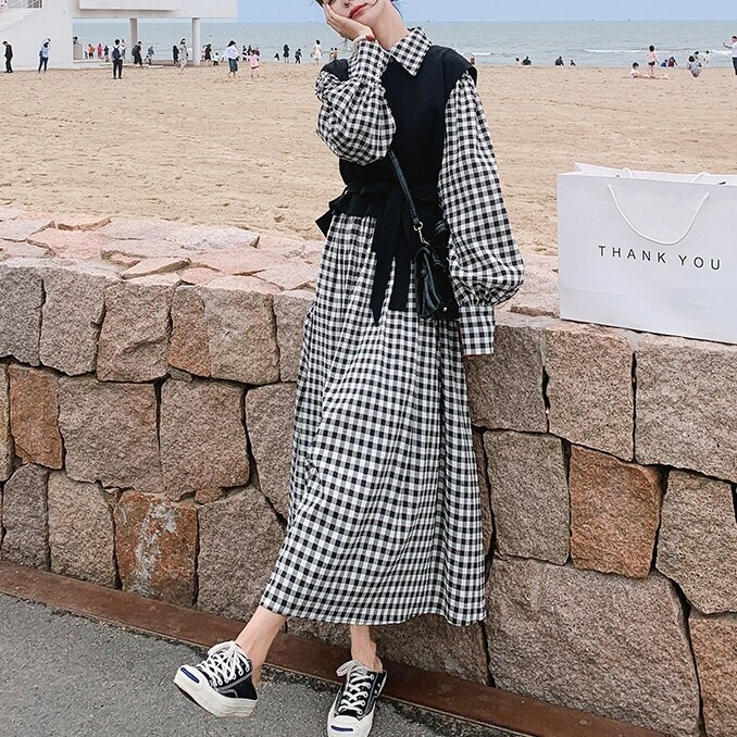 シャツワンピース ベスト付き ギンガムチェック ギンガムチェックワンピース 長袖 ボリューム袖