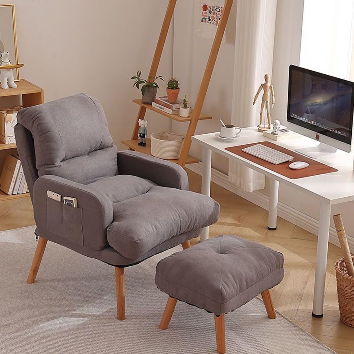 リクライニングソファ 1人掛け オットマン付き ハイバック 肘掛け付き 天然木脚 布製 北欧 モダン おしゃれ コンパクト 省スペース 組み立て簡単 耐荷重120kg 長時間快適 洗えるカバー 防汚加