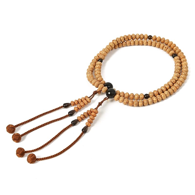 [shingon.shop] 念珠 数珠 真言宗 星月菩提樹 尺三 ミカン玉 利久梵天 桐箱入り (茶水晶＋茶色梵天)