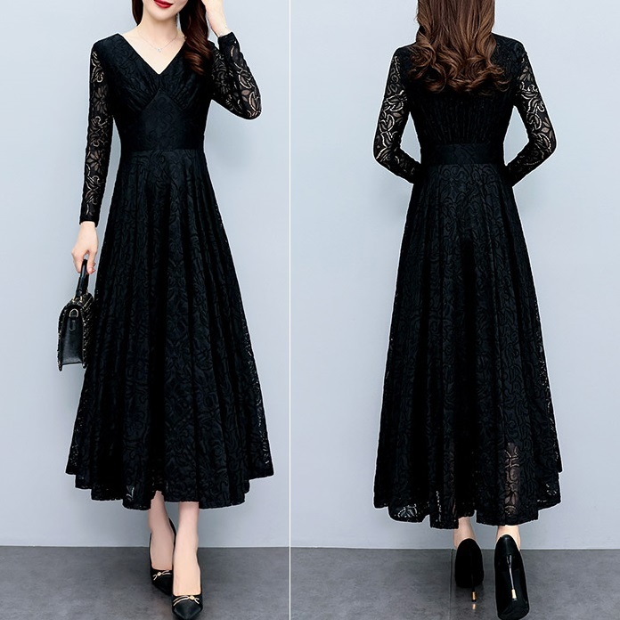 ワンピース ロングレースドレス ラージサイズ 新作 春 レース 透け感 細見え 母親 上品 フォーマル パーティ ホテル 結婚式 式場 女子会 二次会 プルオーバー Vネック 冠婚葬祭 長袖