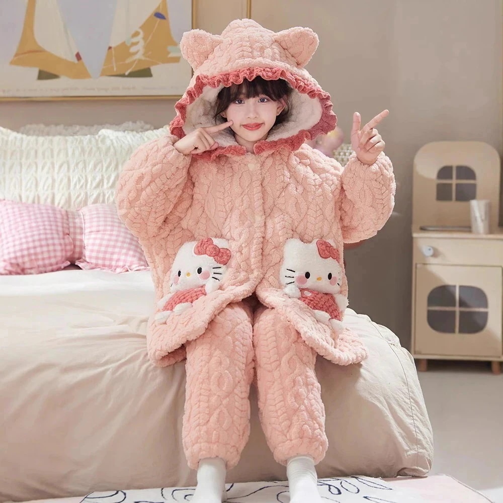 新品目玉セール女の子のパジャマ子供ののサンゴのベルベット厚い3層パッド入りの大きな子供の生の女の子フランネルラウンジウェア