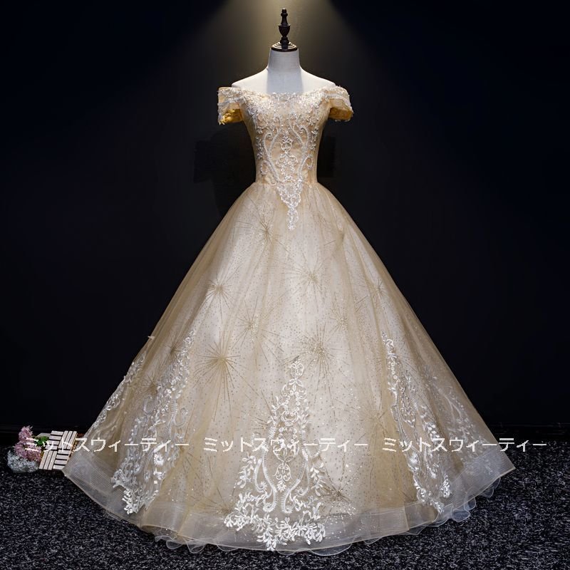 カラードレス 結婚式 花嫁 演奏会 ゴールド 披露宴 ロングドレス ウエディングドレス イブニングド