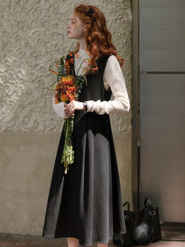 ジャンパースカート 大人 レディース 秋冬 レトロ Vネック Aライン ミモレ丈 ボタン エレガント 黒