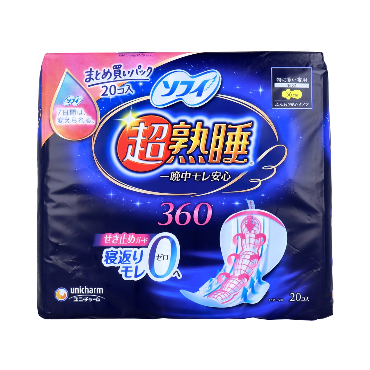 生理用ナプキン ユニ・チャーム 超熟睡ガード 一晩中モレ安心 ふんわり安心タイプ 特に多い夜用 羽つき 36cm 20個入り X5パック