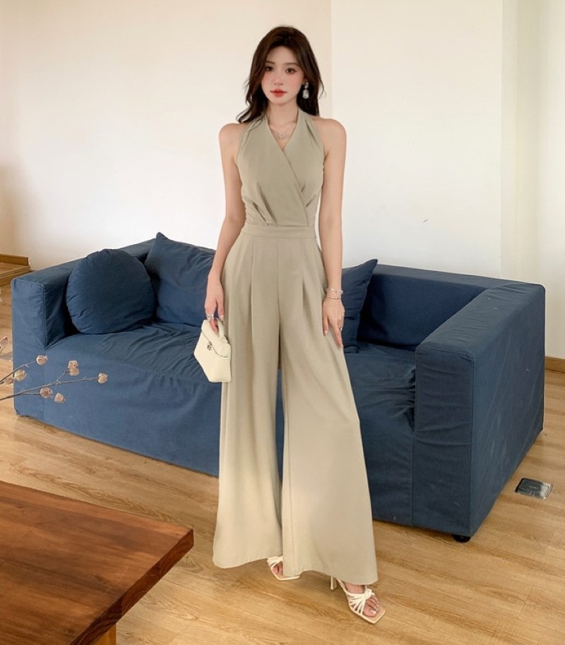 サロペット レディース オールインワン ワイドパンツ ノースリーブ ホルターネック ロングパンツ ハイウエスト 薄手 シンプル 大人 上品 おしゃれ お洒落 セクシー フォーマル 無地 春 夏