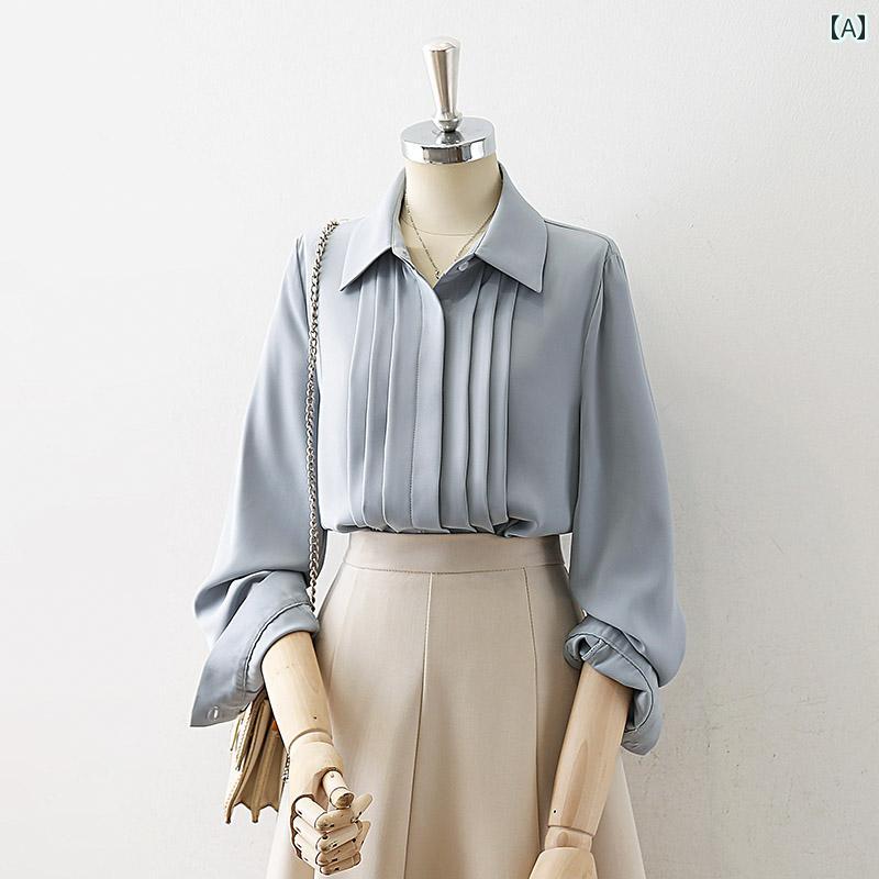レディース シャツ ブラウス 長袖 春秋 女性用 長袖 薄青 シャツ襟 プリーツ 隠し前立て 前ボタン スタイリッシュ エレガント シンプルモダン 大人シック デザインシャツ クール オフィス