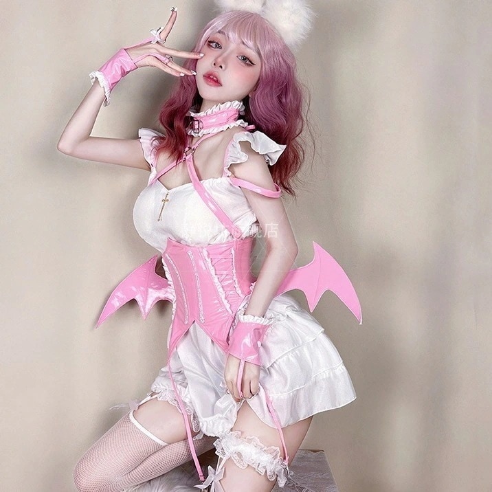 【急速発送】無.料ハロウィンピンクのメイド服セクシー小悪魔のメイド制服誘惑コウモリ服コスプレ秋の万能アイテム