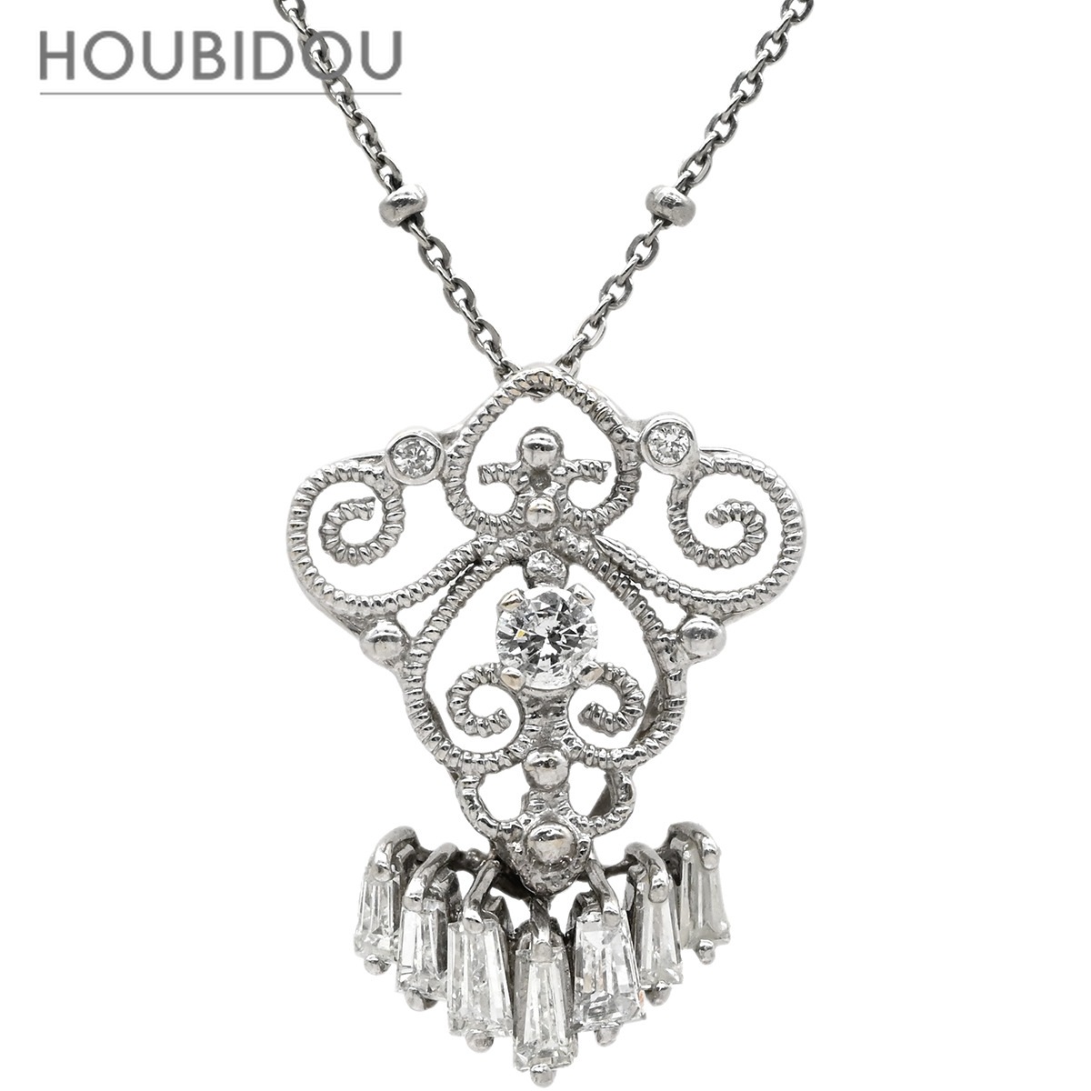 ネックレス ダイヤモンド 0.78ct ホワイトゴールド×プラチナシルバー K18WG Pt900 Pt850 コンビ シャンデリアペンダント バゲットカット 【中古】