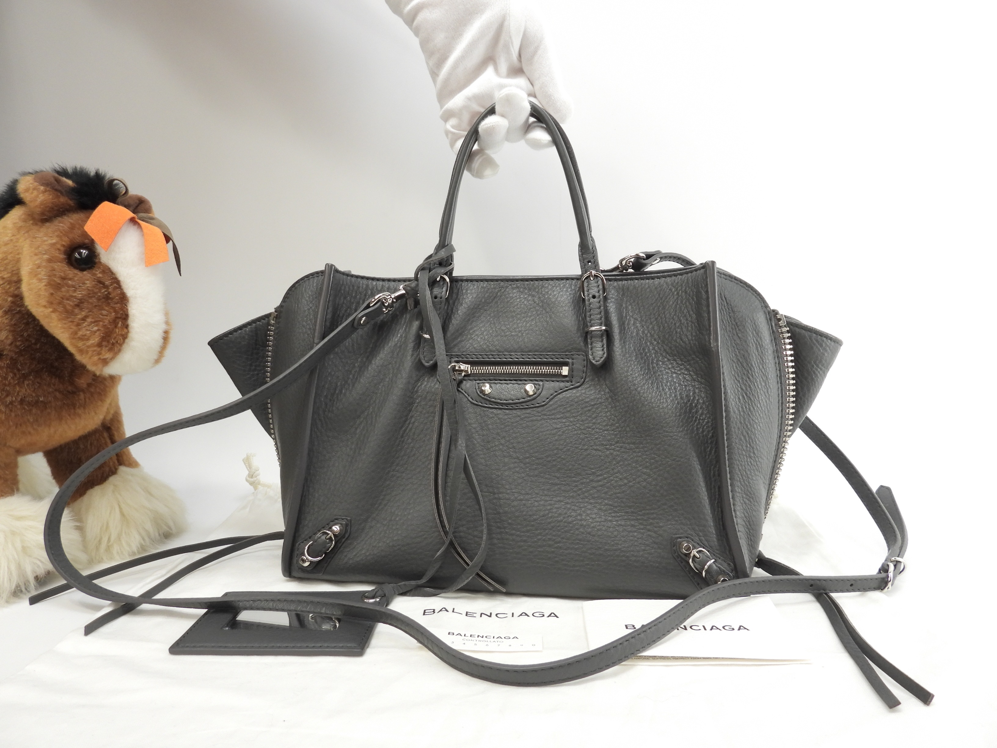 ペーパーミニA6 ジップ レザー灰 ポシェット ハンドバッグ ミニトート@ 10