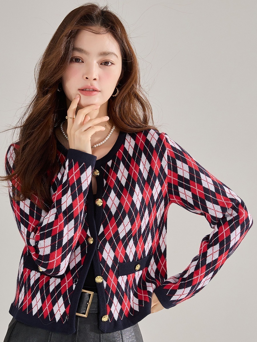 24韓国版秋冬レトロ赤菱格子柄長袖ウールニットカーディガンクルーネックセーター22500