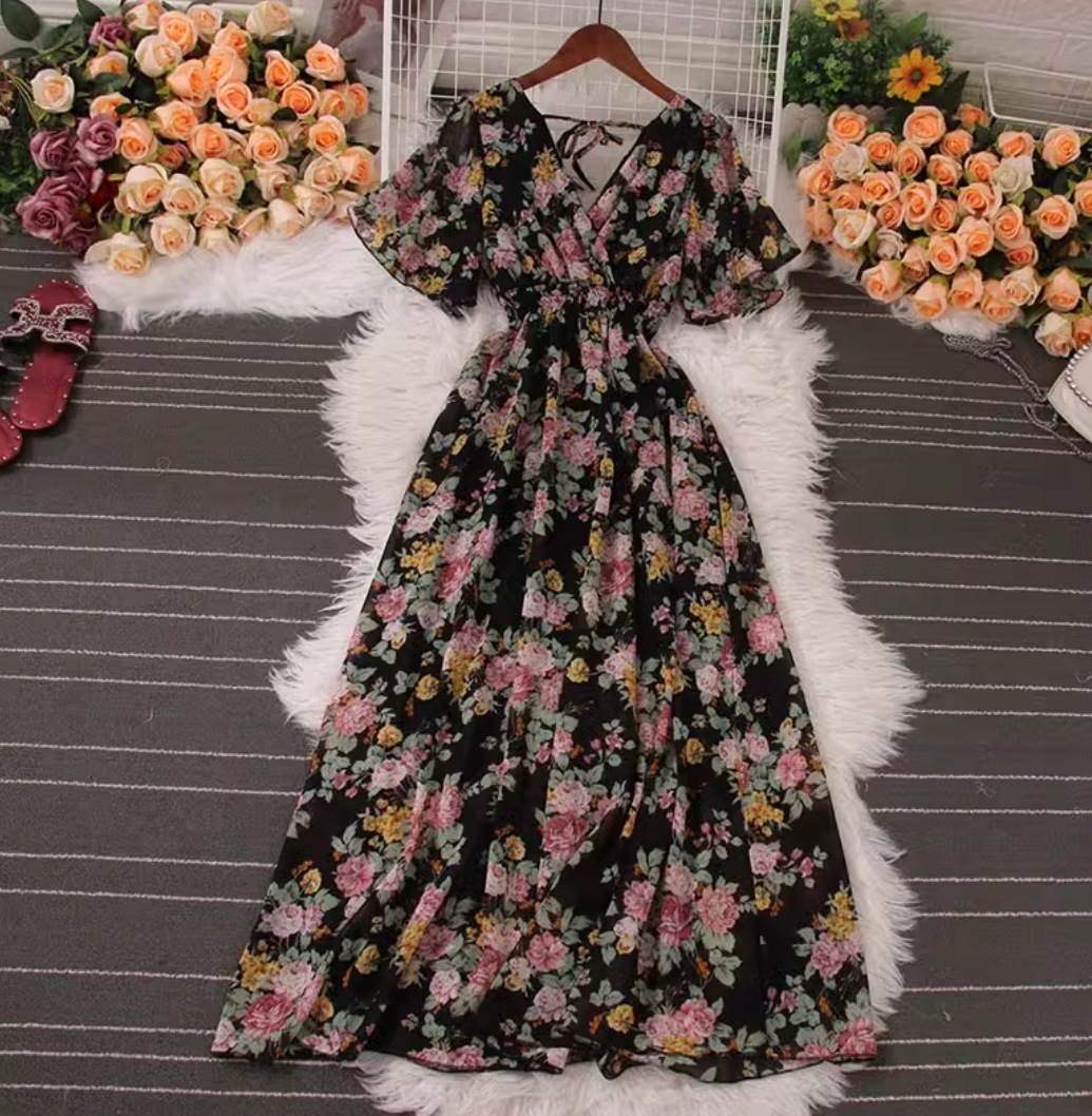 ワンピース レディース ロング マキシ 半袖 Vネック カシュクール フレア Iライン フェミニン ウエストマーク かわいい 大人可愛い きれいめ シンプル 上品 おしゃれ ガーリー エレガント