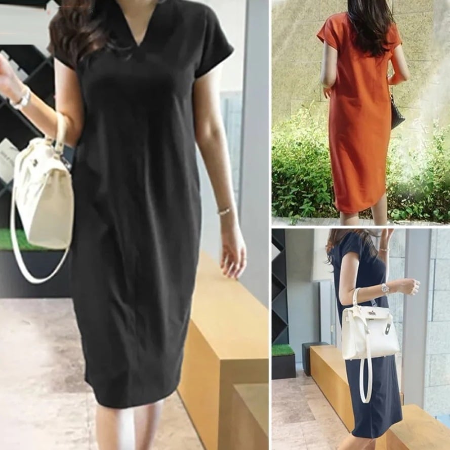 【一番安い新作】 絶対欲しい シンプル 半袖 ストレートスカート Vネック カジュアルワンピース