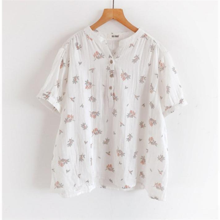 シャツ レディース 夏 半袖 ガーゼシャツ ブラウス レディース 花柄 シャツブラウス コットン 綿 通気性 シンプル 折り襟 大きいサイズ 着心地 体型カバー 4,997円