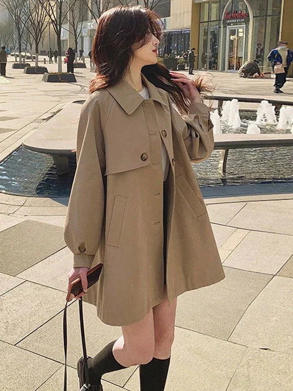 アウタートレンチコートジャケット 韓国ファッション セミロング 百掛け 新作 トップス トレンチコート 秋服 ジャケット カジュアル ランタン袖