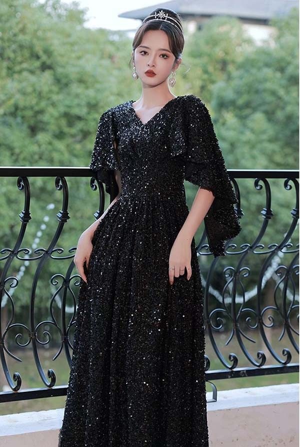 ワンピースドレスドレスフォーマル Aライン ドレス ブラック イブニングドレス 大人 Vネック 発表会 ピアノ 結婚式 成人式 上品 演奏会 ロングドレス ミセス キラキラ 大きいサイズ ワンピー