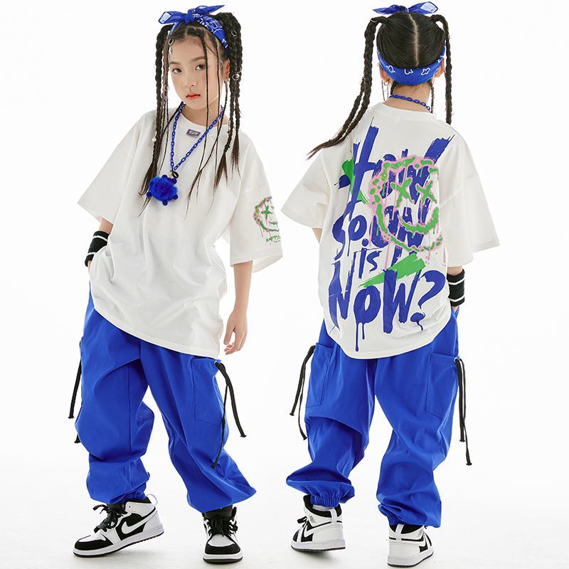 【58% リサイクル率】子供の街のダンス服hiphop女の子のジャズダンス衣装子供の夏のゆるい演技服の白いスーツ