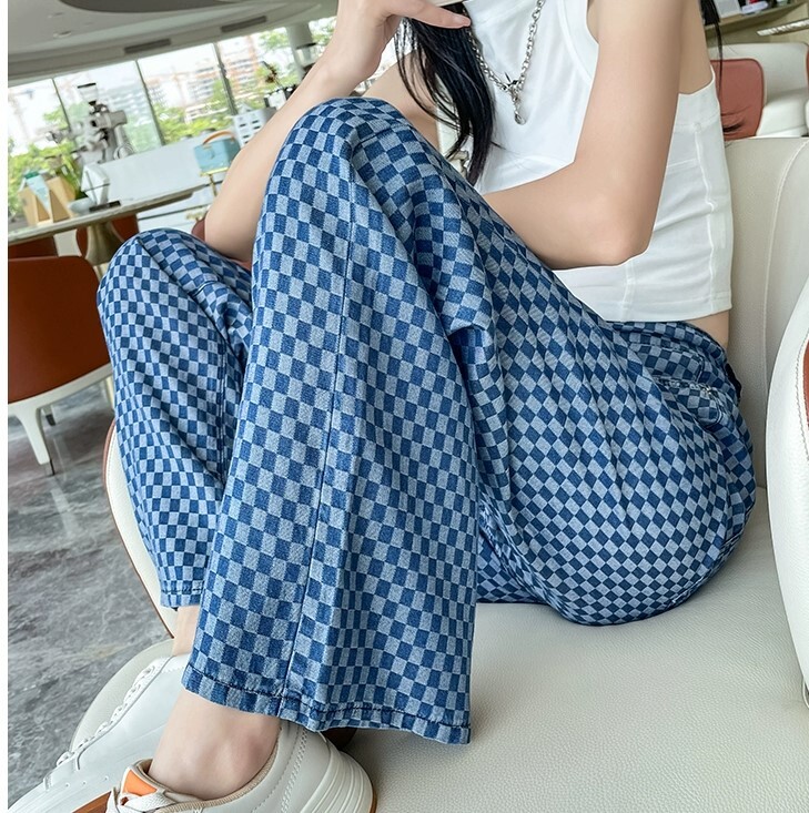 ストレートパンツ 市松模様 個性的 ハイウエスト かっこいい おしゃれ ボトムス パンツ ズボン ロング丈 ポケット 綿 薄手 コットン かわいい 可愛い きれいめ カジュアル レトロ 大人可愛い
