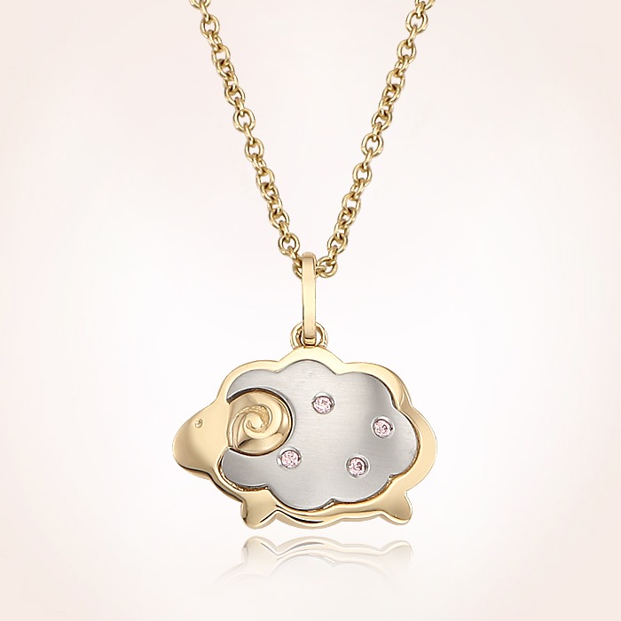 14K黄金干支羊ピンク立方ジルコンネックレス(14K Gold Oriental Zodiac Lamb Pink Cubic Necklace)