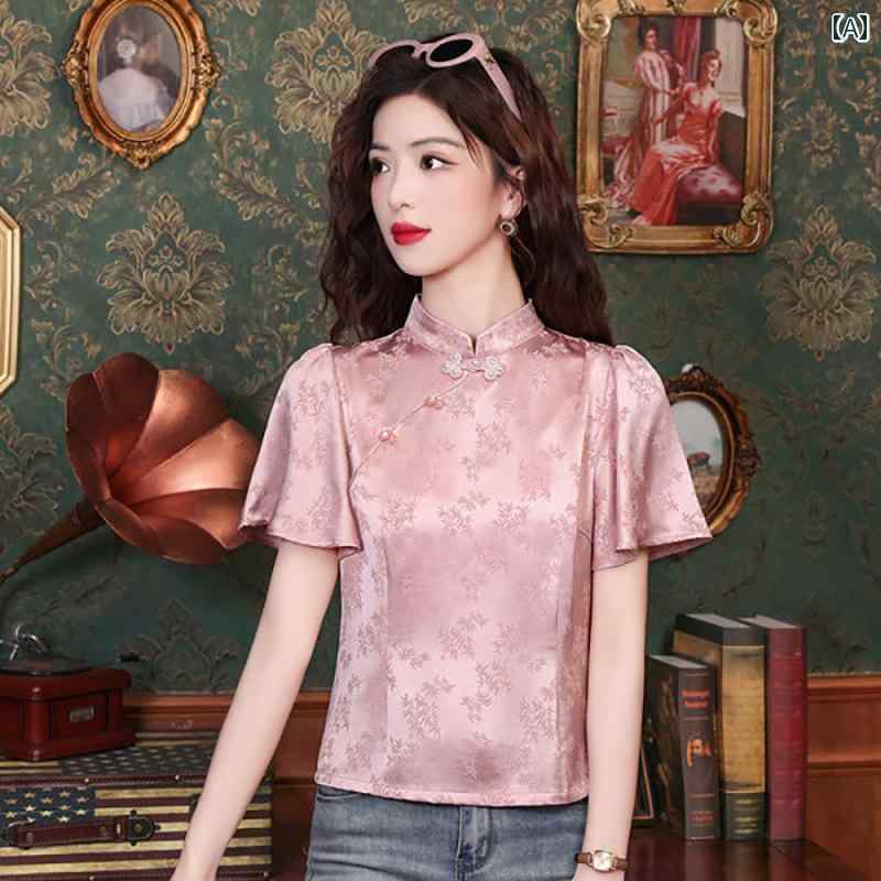 シャツ トップス レディース ブラウス きれいめ 上品 夏 スタンドカラー ジャカード ク ボタン ヤング ライト 5,097円