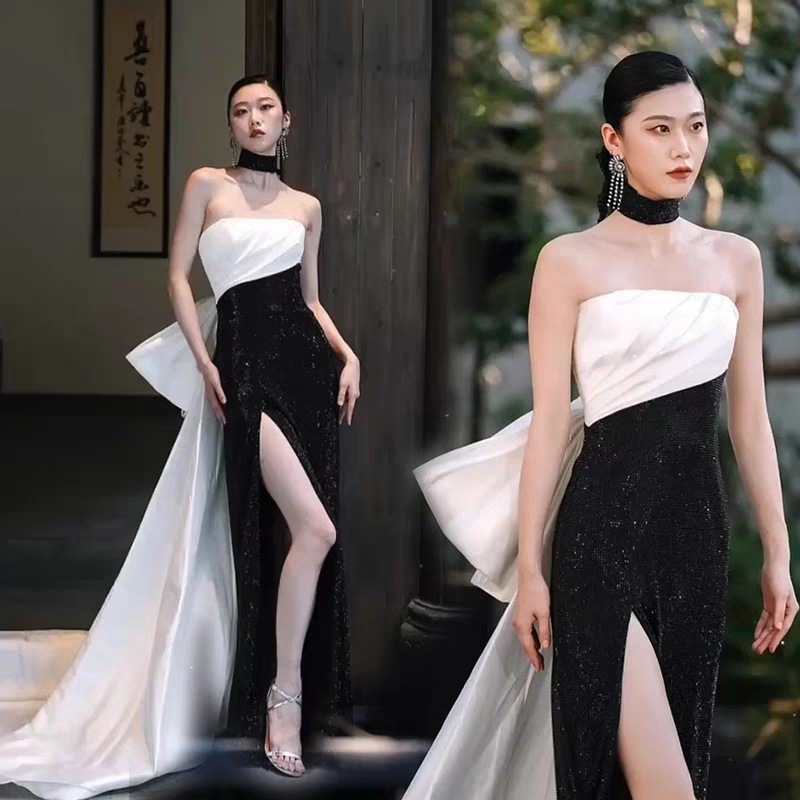 黒と白のパッチワーク ノースリーブのイブニングドレス 大きなリボン結婚式 二次会 花嫁 二次会 披露宴 大きいサイズ Aラインドレス ロングドレス ロング お姫様 新作 パーテ 12,219円