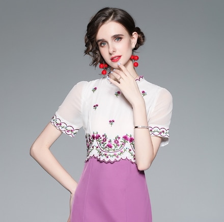 ワンピース デート フレアワンピース ひざ丈 膝下 袖あり 半袖 スカラップ フレア セミフレア ドッキング 刺繍 ドッキング ファスナー ポリエステル 薄手 かわいい 大人可愛い カジュアル