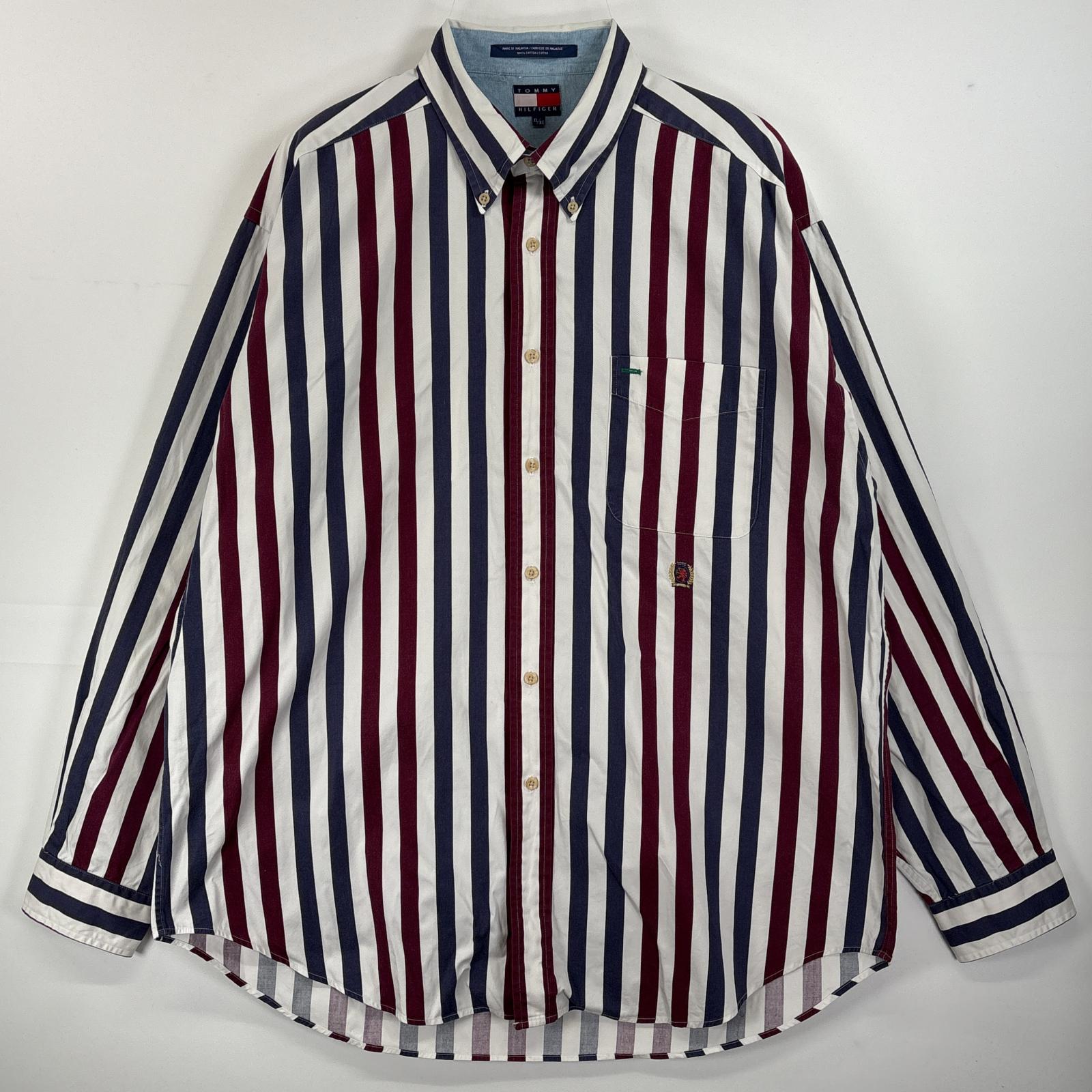 古着 90s/90年代 長袖シャツ ボタンダウンシャツ ワンポイント ロゴ 刺繍 ストライプ XL ホワイト系 マルチカラー メンズ