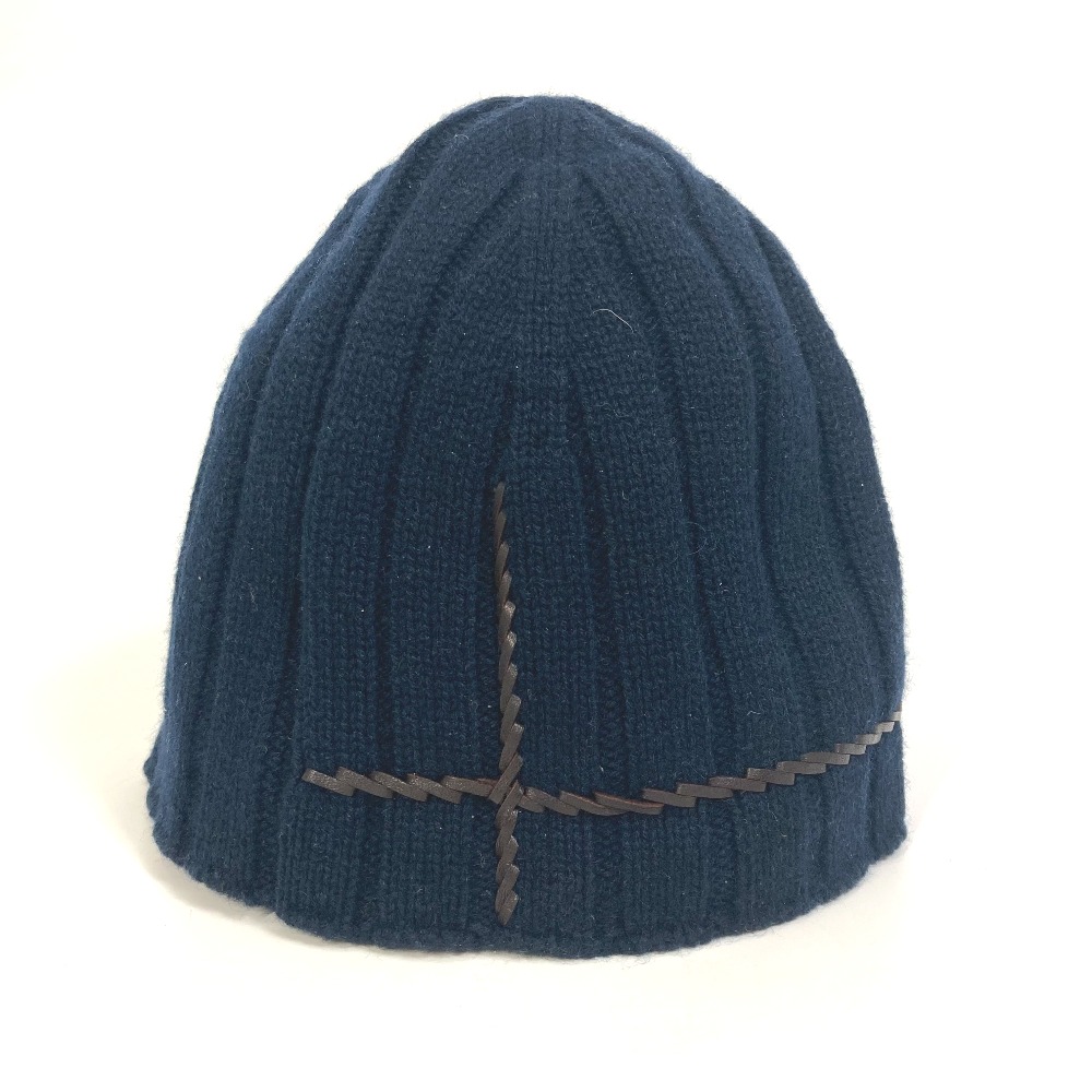 ニット帽 キャップ ニットキャップ ビーニー レザー編込み カシミヤ ネイビー