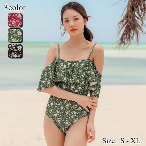 【グラシア】 水着 モノキニ レディース ビーチウェア スイムウェア 流行 海 プール オフショル ガーリー デコルテ フレア 花柄 こなれ感 愛らしい 大人 ローズ グリーン ブラック S M L