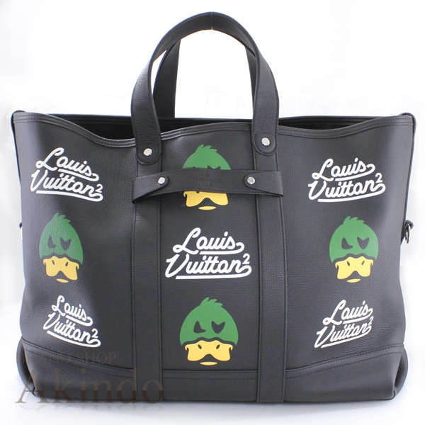 トートバッグ トロリートート メンズ 大容量 LV スクエアード コレクション NIGO コラボ M59373 アヒル 本革 レザー 黒 ブラック カモ 2Way ショルダーバッグ