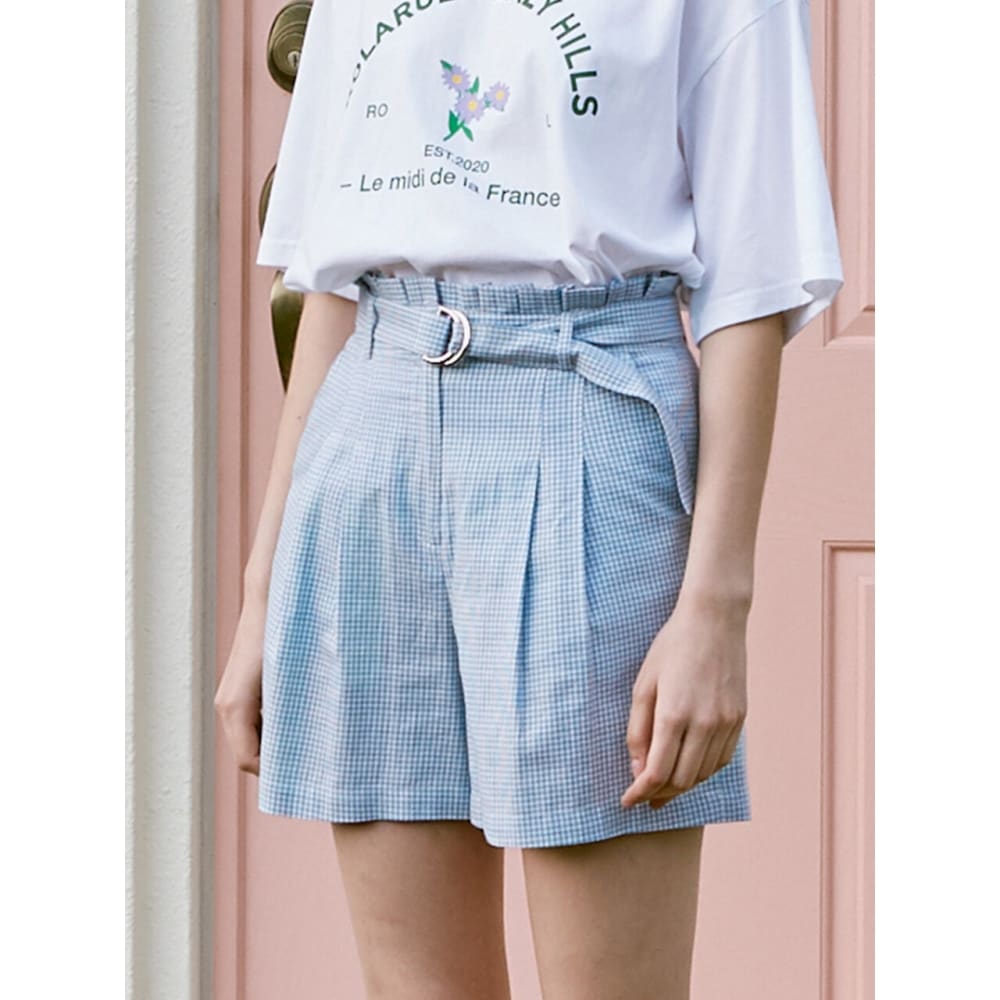 ROLAROLA (PT 20342) セットアップ チェック ベルト バミューダ ショーツ ブルー