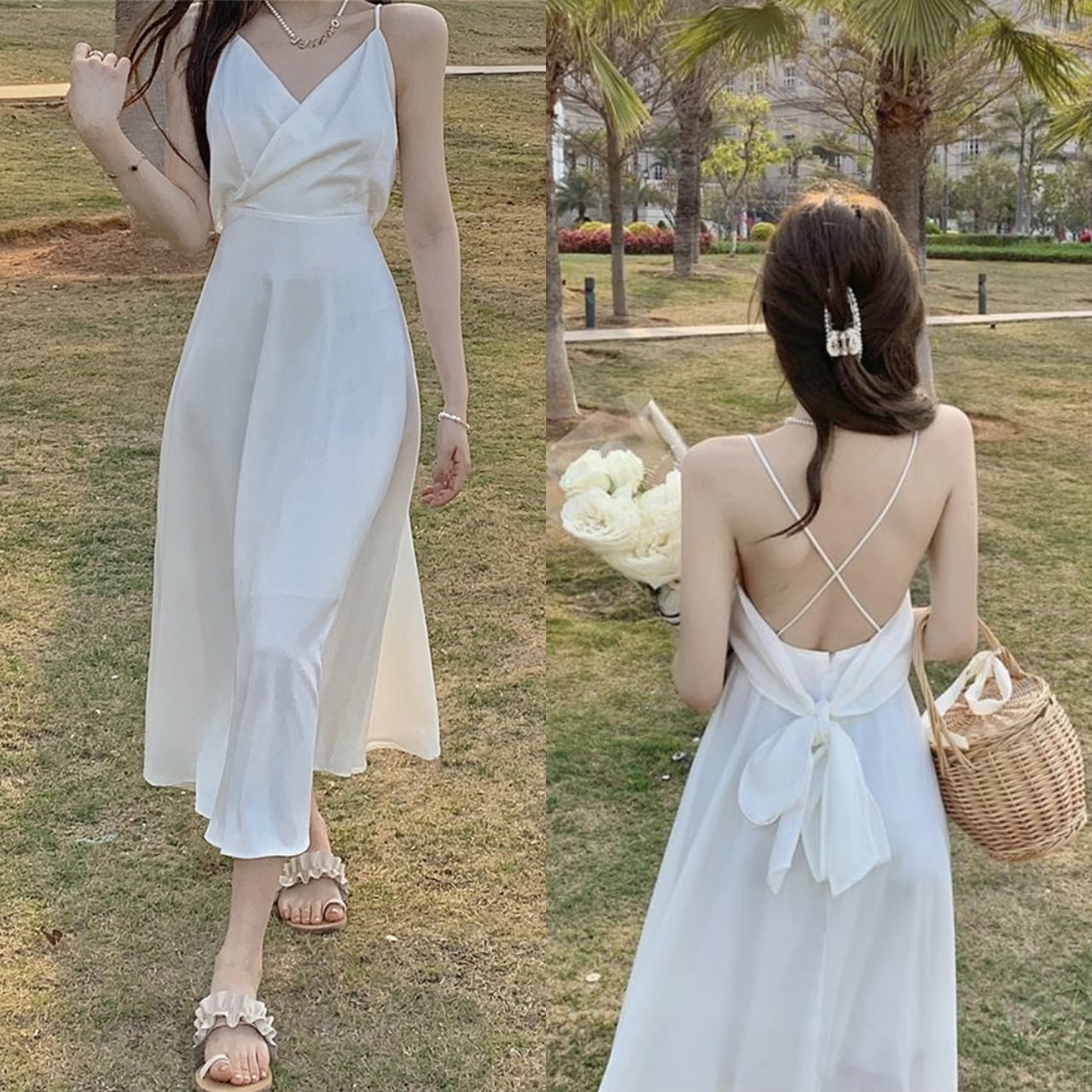 ワンピース フレアワンピース ワンピドレス キャミワンピ 膝下 ミモレ ミモレ丈 ロング ロング丈 袖なし ノースリーブ Vネック カシュクール フレア スリム 細身 リボン バックリボン