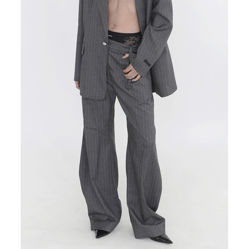 BADBLOOD ツイルスーツストライプパンツラージフィット-チャコール