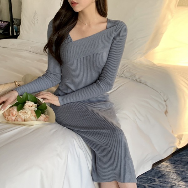 アシメネックリブニットワンピース op14967