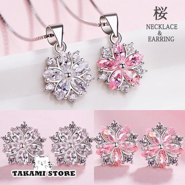 ネックレス レディース さくら 桜 ピアス ピンクダイヤ シルバー925 プラチナ仕上げ アクセサリー 春 妻 嫁 彼女 クリスマス 誕生日プレゼント