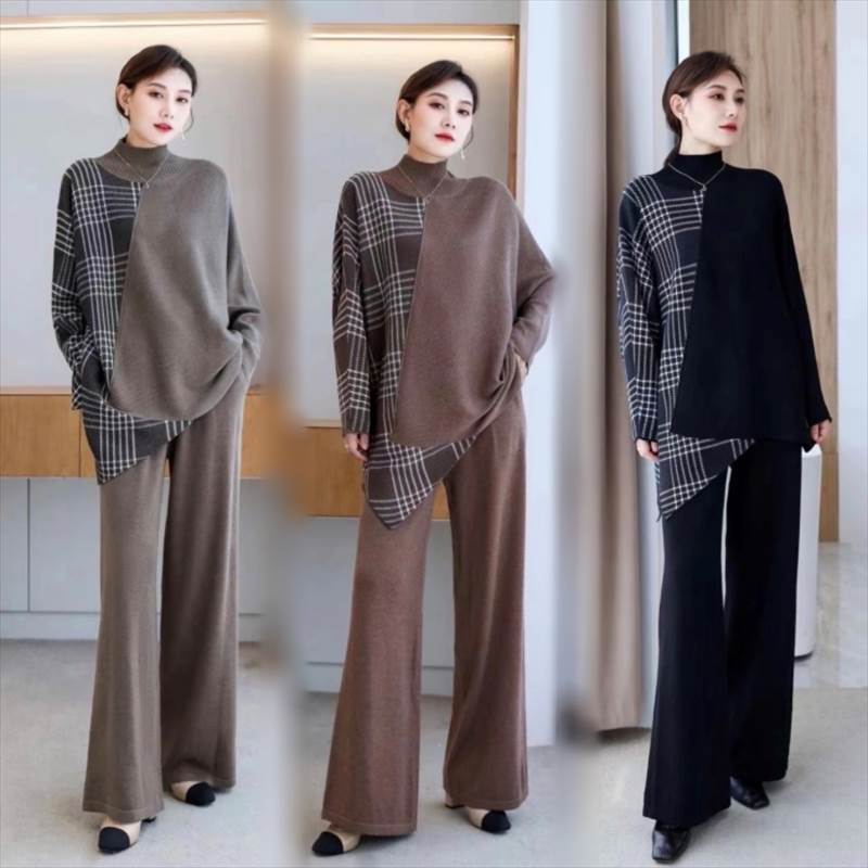 トップス ボトムス セットアップ プルオーバー パンツ ワイド ハイネック 長袖 スリーブ オーバーサイズ 切り替え ツーピース 個性的 大きいサイズ M L XL 2XL 3XL アッシュグリーン