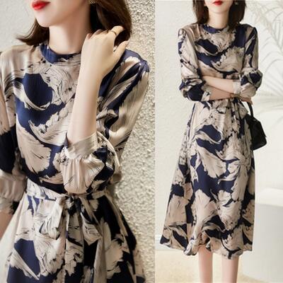 ワンピース ボタニカル柄 エレガント レディース 袖あり 長袖 バンドカラー きれいめ ミモレ丈 おしゃれ 可愛い フェミニン ワンピ ドレス ハイウエスト Aライン ウエストリボン 大きいサイズ ブ