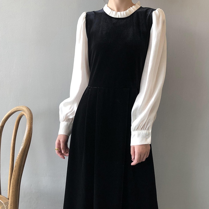スタンドカラー ドッキングワンピース ベルベット ドレス ワンピース ドレス 長袖 シフォンワンピ レディース 綺麗め a3922