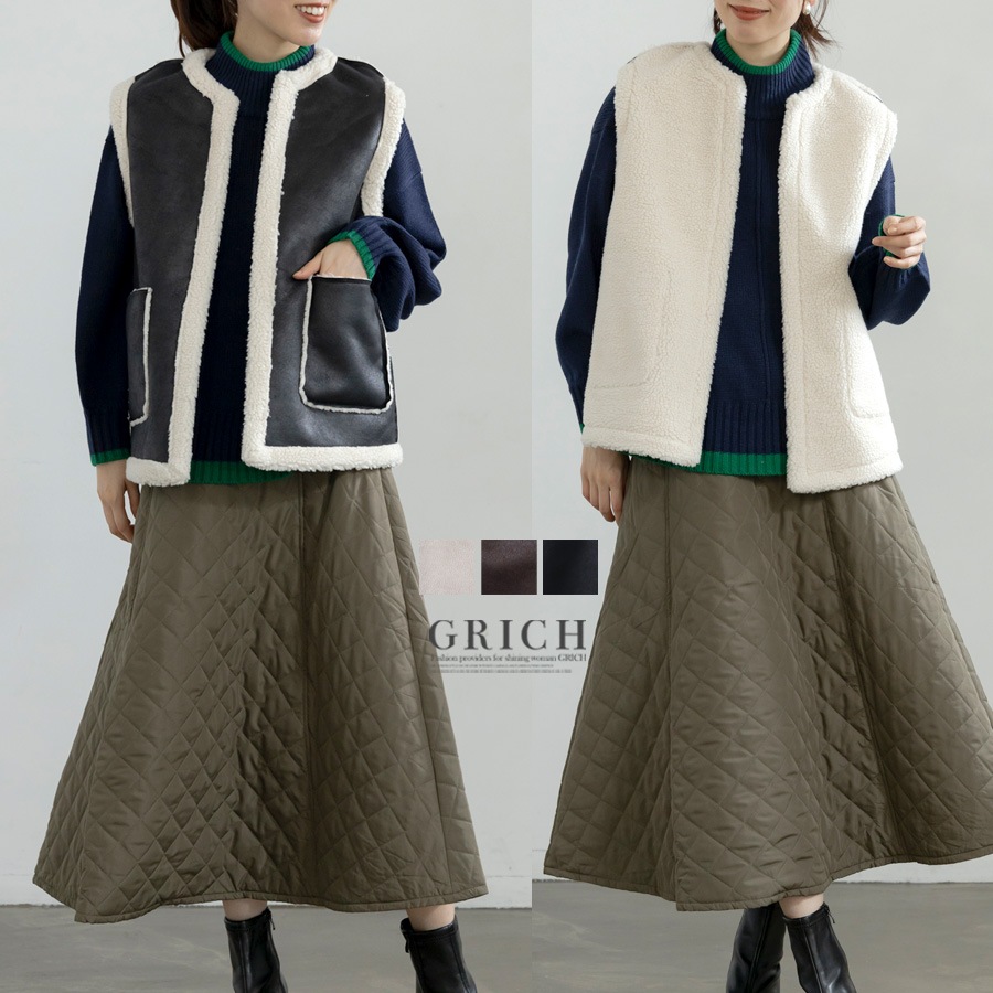 2way フェイクレザー ボア ベスト レディース 秋冬 前開き ジレ リバーシブル パイピング カジュアル あったか レイヤード 大きいサイズ トップス 宅80