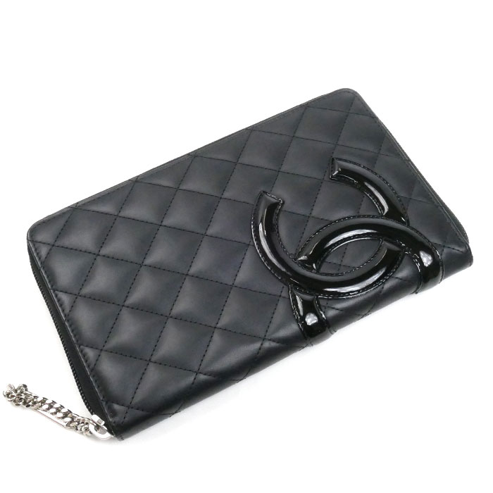 CHANEL シャネル カンボンライン 長財布 ラウンドファスナー ブラック ピンク A48660 レディース 中古