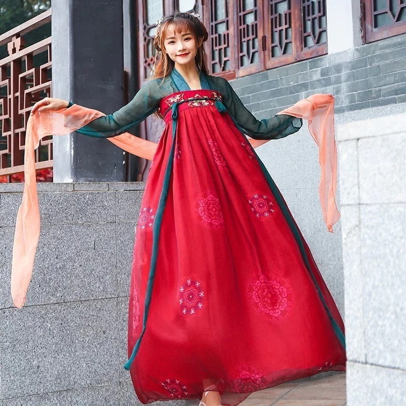 Feng Gelan Hanfuの女性の胸の長さのスカートの女子学生の新鮮でエレガントな妖精のスカート風の赤い衣装の衣装