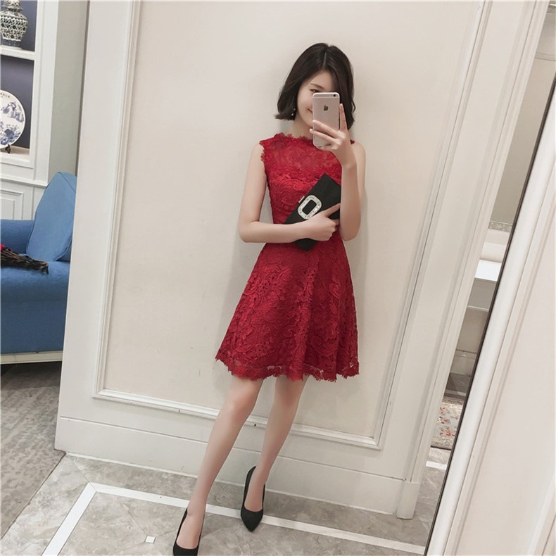 ノースリーブ レースデザイン ミディアムフレアドレス シースルー レース ミニワンピース ワントーンカラー エレガント 大人レディ レディース ２０１８年新作 定番 人気 およばれ 結婚式 二次会