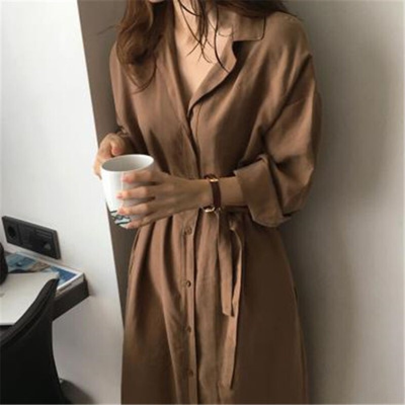 シャツワンピース ワンピース テロン 上品 大人 ネイビー 紺色 ブラウン 大きいサイズ 韓国 レディース オルチャン ロングシャツ ベルト付き 前開き ロングワンピース シンプル 襟付き