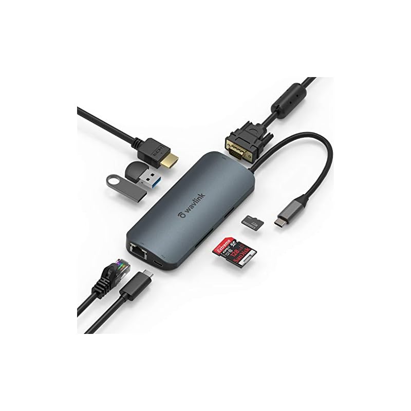 WAVLINK USB-C 8-IN-1変換アダプタ 3.0 ウルトラスリム ハブ 旅行用ポータブルUSB-C ミニドッキング アルミ ニウム製 4 K HDMI/VGA RJ45 SDとMicro