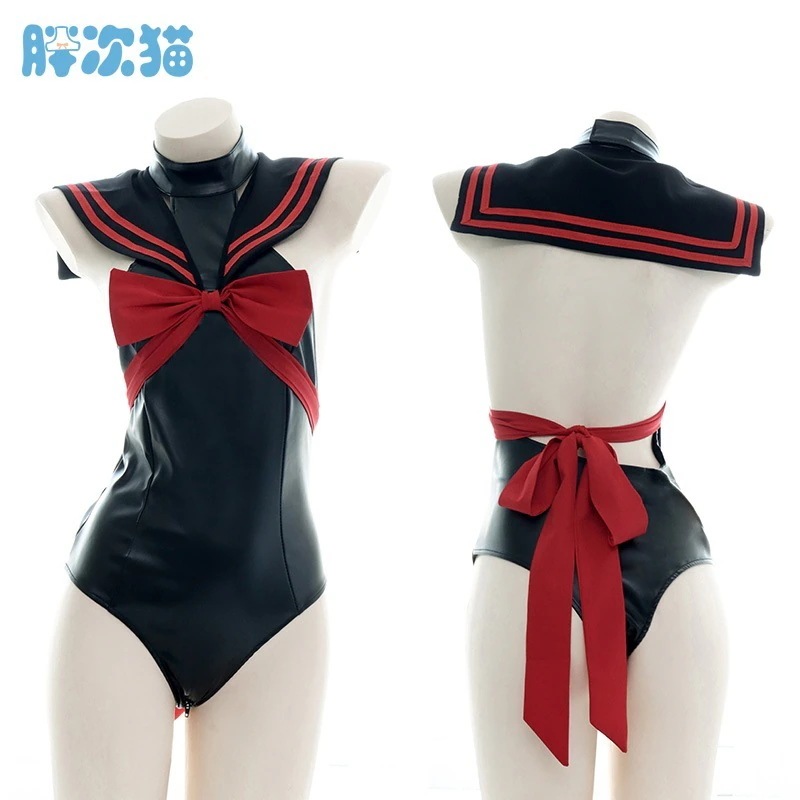 レザーセーラーカラーウェットプライベートパジャマ家着股ファスナー付きワンピース期間限定30%